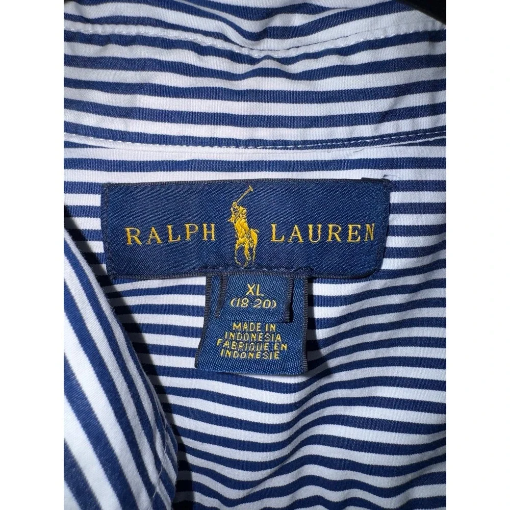 Ralph‎ Lauren blue white striped button down green pony boys XL 14-16